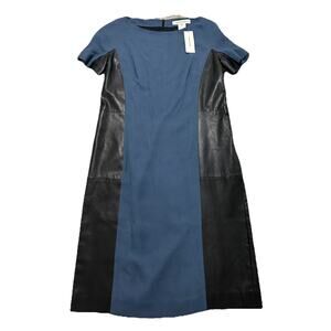 Gerard Darel Pencil Dress 42 Blue Black Leather Panels Stretch - See Description